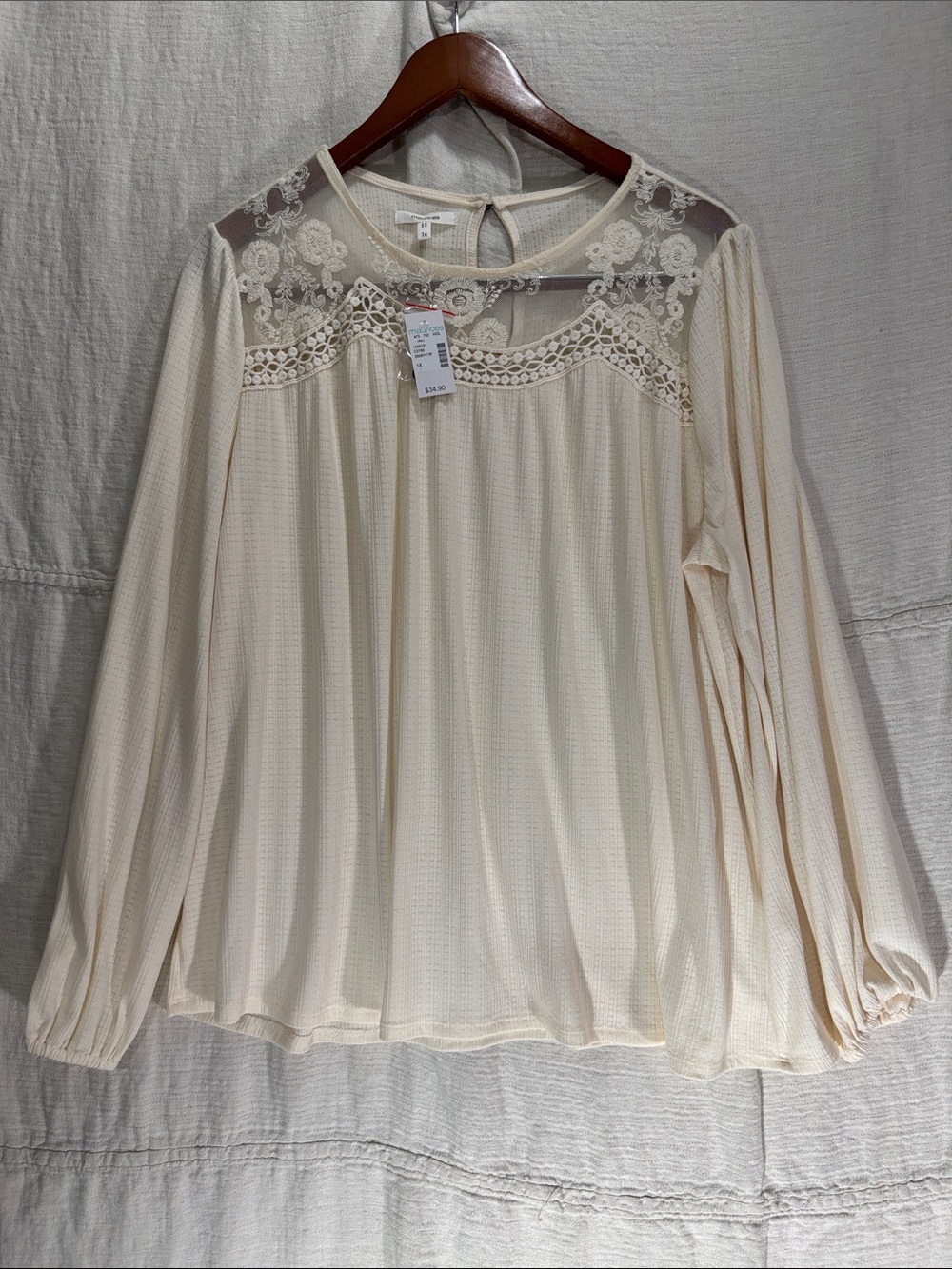 NWT Maurices Cream Crochet Lace Yoke Peasant Blouse Long Sleeve Boho 1X
